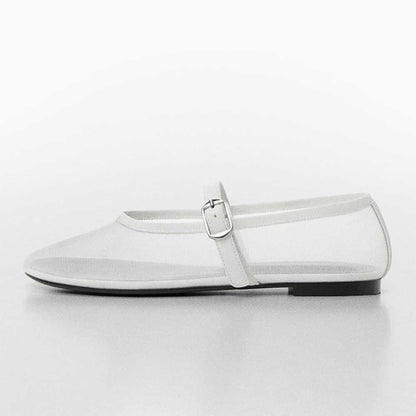 Women's White Mesh Sophisticated Buckle Strap Comfy Ballet Flats