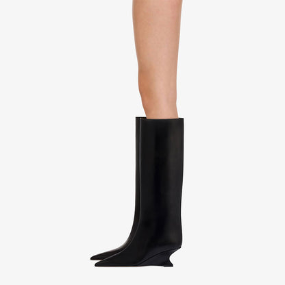 Black Pointed Toe Sculptural Wedge Heel Pull-On Knee High Boots