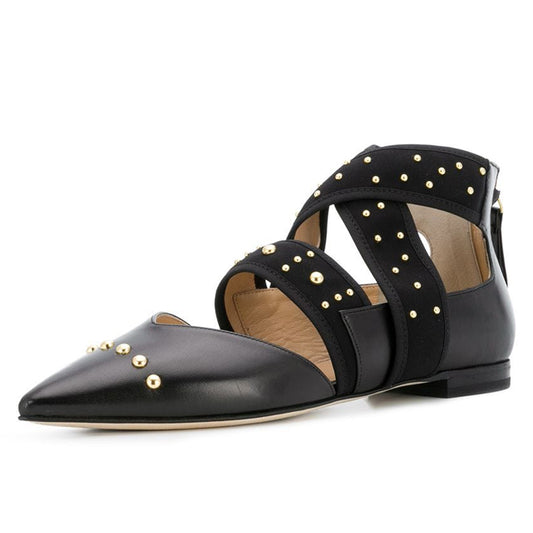 Black Pointy Toe Comfortable Flats Cross Strap Studs Shoes