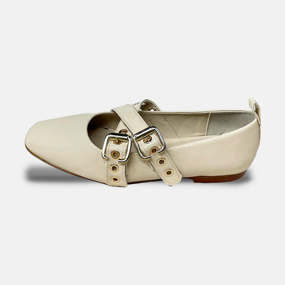 Trendy Ivory Patent Leather Square Toe Grommet Buckle Strap Flats