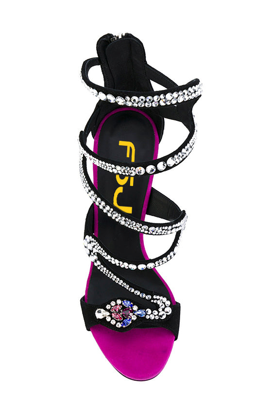 Black & Fuchsia Vegan Suede Rhinestone Snake Strappy Stiletto Heels