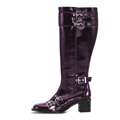 Purple Square Toe Multiple Buckle Strap Block Heel Knee High Boots