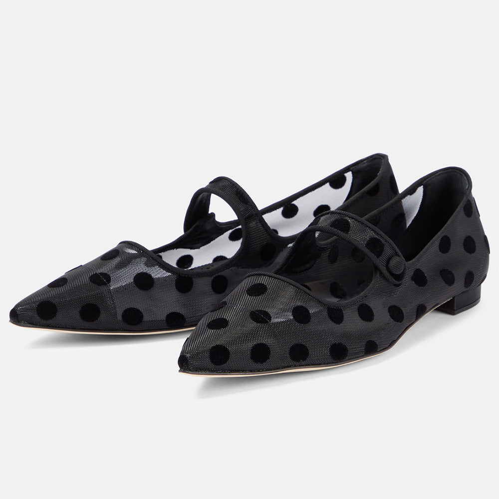 Black Pointed Toe Polka Dot Print Mary Jane Ballet Flats