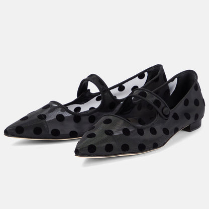 Black Pointed Toe Polka Dot Print Mary Jane Ballet Flats
