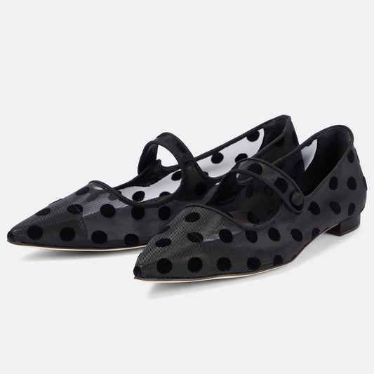 Black Pointed Toe Polka Dot Print Mary Jane Ballet Flats