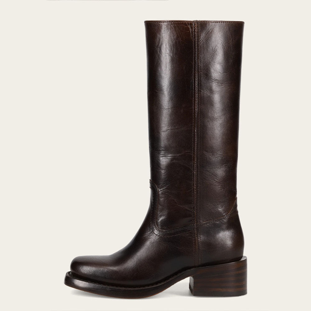 Brown Vegan Leather Pull-On Square Toe Mid Calf Boots with Block Heel