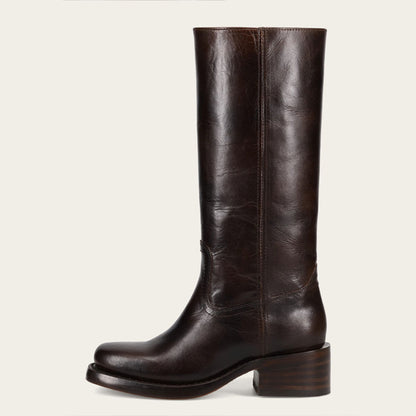 Brown Vegan Leather Pull-On Square Toe Mid Calf Boots with Block Heel