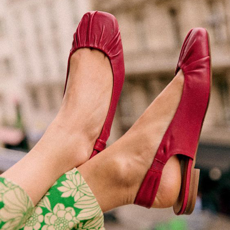 Red Slingback Shoes Women's Classic Square Toe Ruched Flats