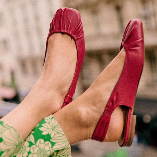 Red Slingback Shoes Women's Classic Square Toe Ruched Flats