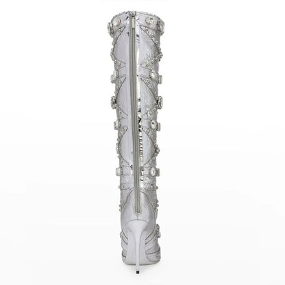 Silver Metallic Rhinestone Embellished Stiletto Heel Knee High Boots