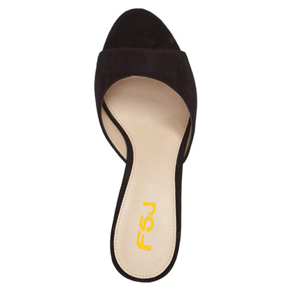 Women's Black Vegan Suede Open-Toe Slip-On Heeled Mules Sandals