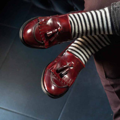 Maroon Vegan Leather Rounded Toe Block Heel Fringe Loafers