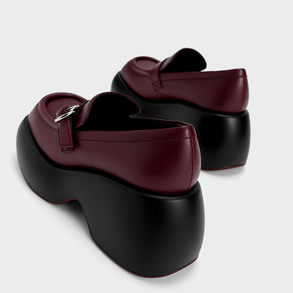 Burgundy Square Toe Chunky Heel Platform Loafers with Buckle Decor