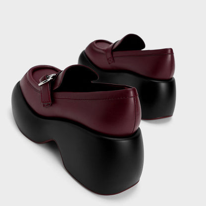 Burgundy Square Toe Chunky Heel Platform Loafers with Buckle Decor
