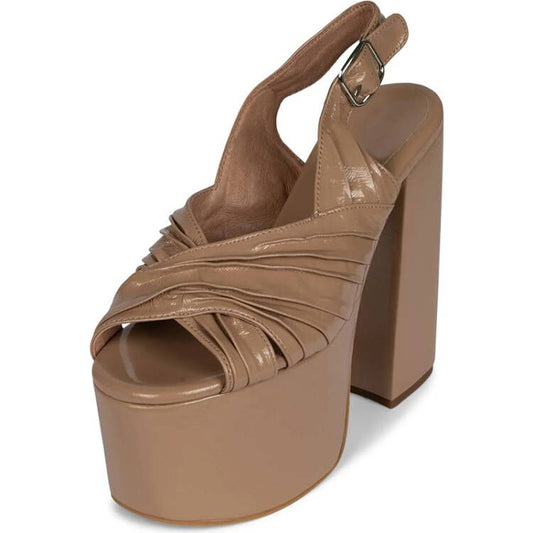 Brown Platform Sandals Open Toe Ruched Cross Strap Slingback Heels