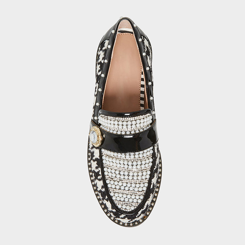 Elegant Houndstooth Flats Round Toe Pearl Rhinestone Women's Loafers