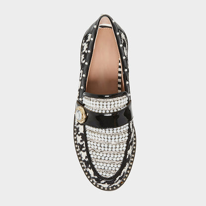 Elegant Houndstooth Flats Round Toe Pearl Rhinestone Women's Loafers