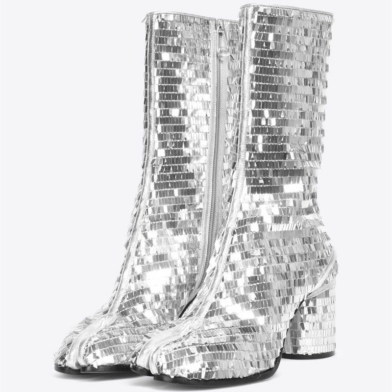 Silver Sequin Split Toe Zipper Mid Calf Boots with Cylinder Heel