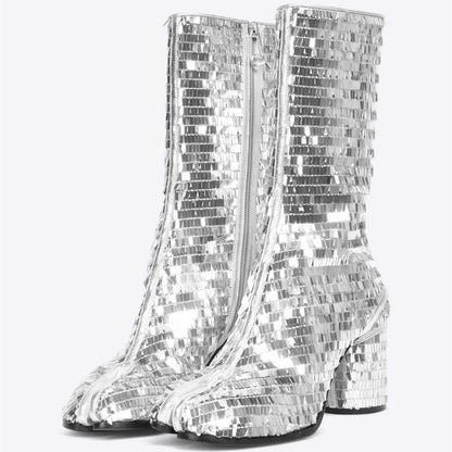 Silver Sequin Split Toe Zipper Mid Calf Boots with Cylinder Heel