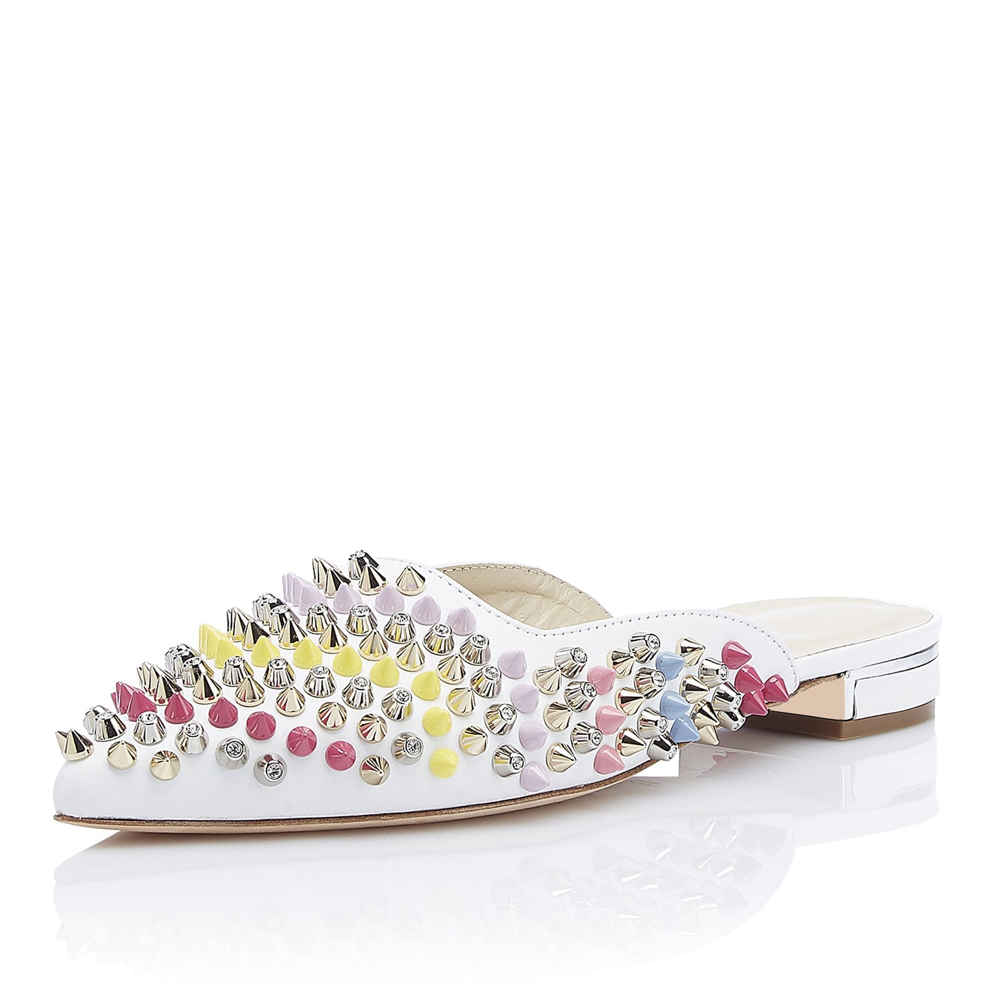 White Pointed Toe Flat Mules with Multicolor Rivets