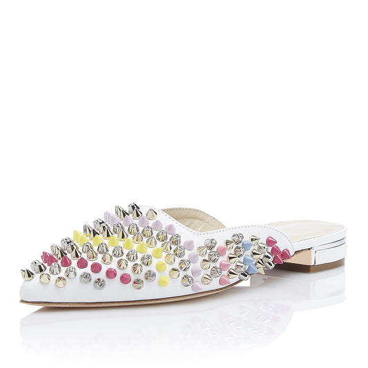 White Pointed Toe Flat Mules with Multicolor Rivets