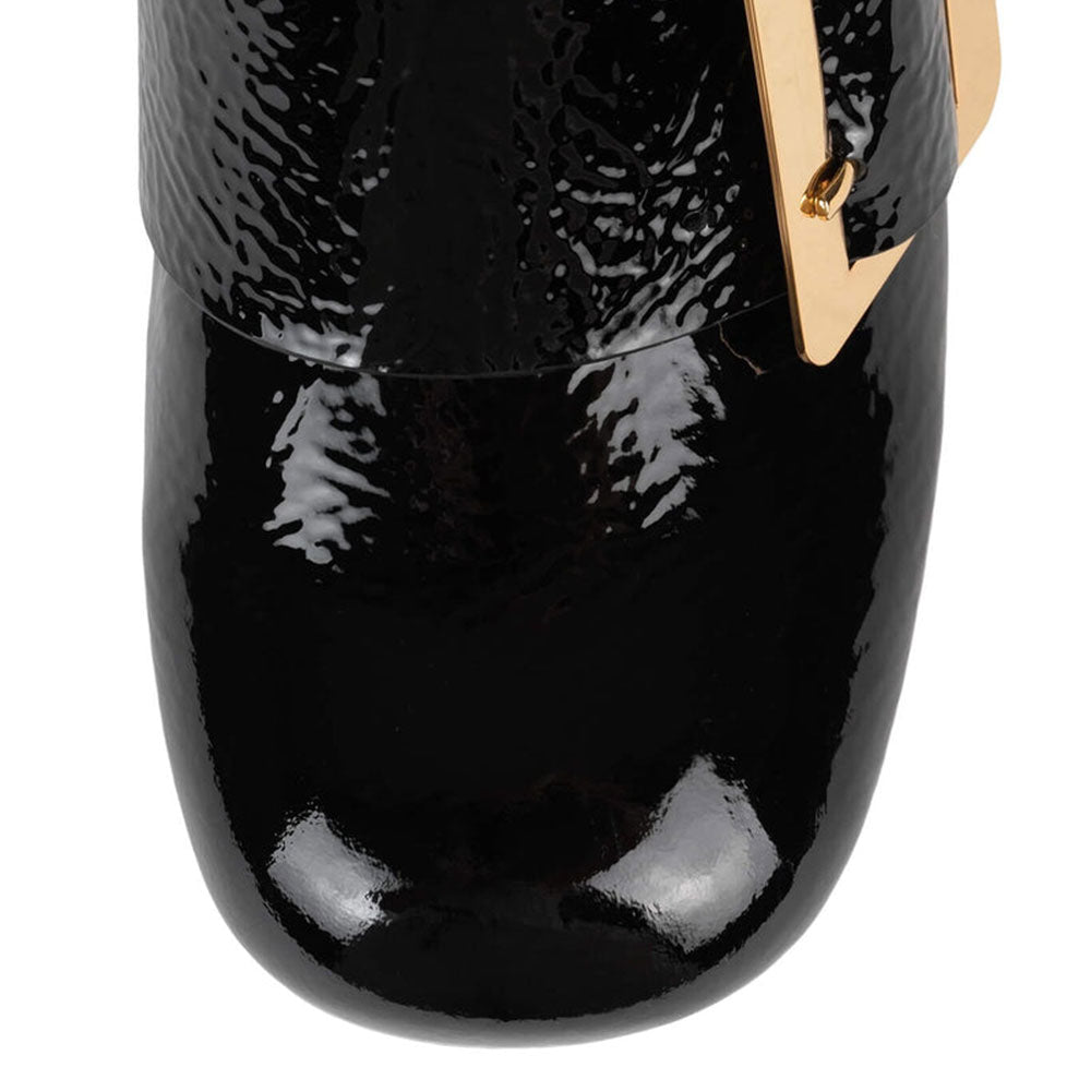 Black Square Toe Chunky Heel Women's Loafers with Oversize Buckle