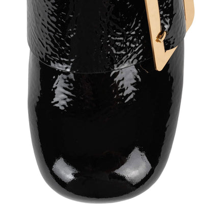 Black Square Toe Chunky Heel Women's Loafers with Oversize Buckle