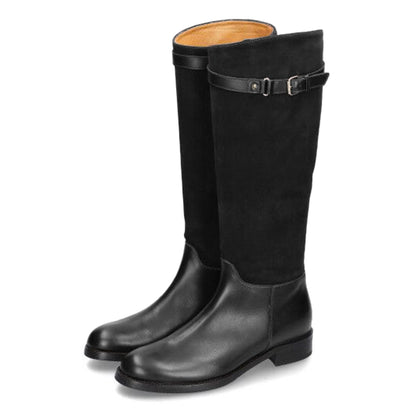 Black Patchwork Buckle Strap Round Toe Flat Knee High Boots for Women