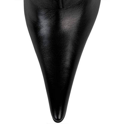 Pointy Toe Buckled Straps Stiletto Heel Knee High Boots in Black