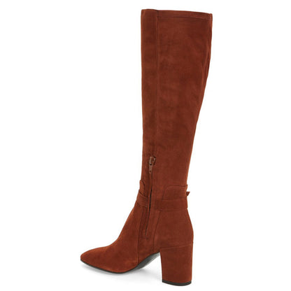 Red Square Toe Vegan Suede Block Heel Fashion Knee High Boots