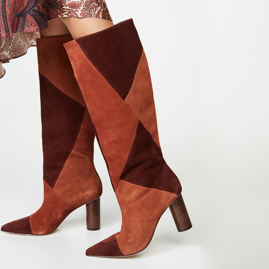 Tan & Maroon Vegan Suede Patchwork Chunky Heel Knee High Boots
