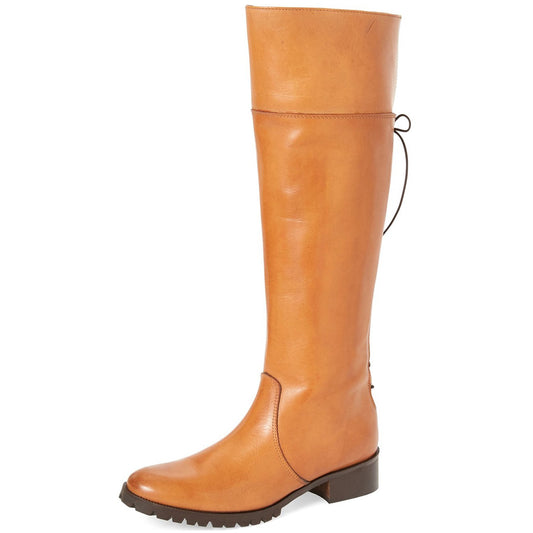 Women's Tan Round Toe Back Lace Up Flat Knee-High Boots by FSJ