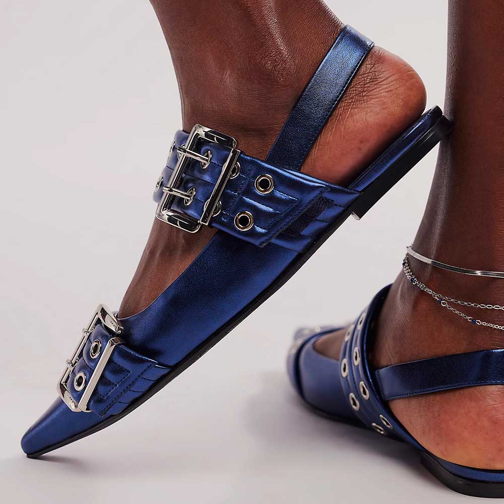Navy Metallic Finish Slingback Shoes Double Grommet Straps Flats