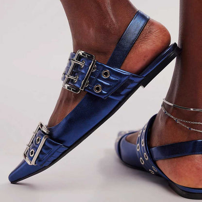 Navy Metallic Finish Slingback Shoes Double Grommet Straps Flats