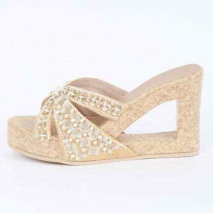 Beige Velvet Pearl Embroidered Platform Wedge Heel Mules Sandals