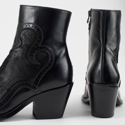 Black Patchwork Pointed Toe Perforated Block Heel Zip Ankle Boots