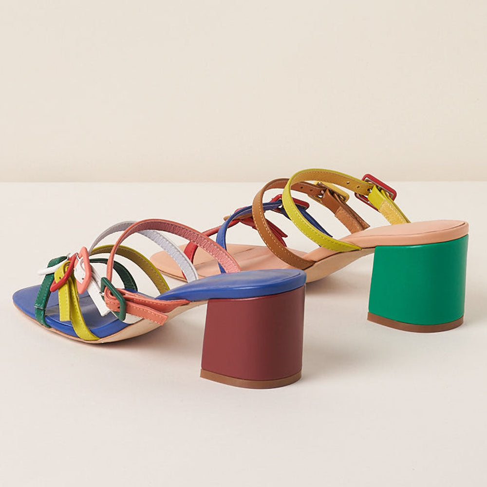 Multicolor Vegan Leather Round Toe Block Heel Strappy Slippers