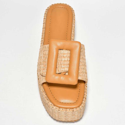 Nude Woven Platform Sandals Oversized Buckle Flat Slides Shoes