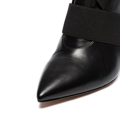 Black Elastic Straps Pointed Toe Pull-On Stiletto Heel Ankle Boots