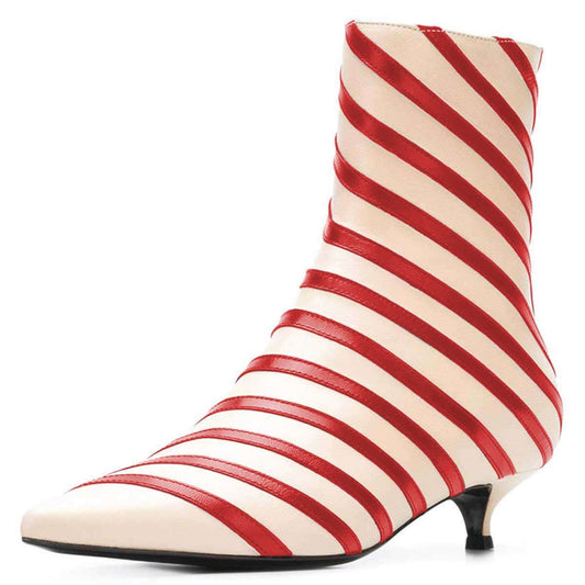 Beige and Red Kitten Heel Booties Zipper Striped Ankle Boots