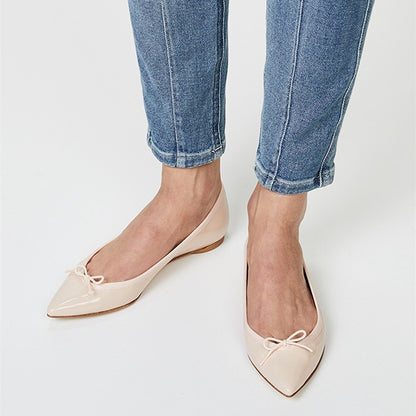 Nude Patent Leather Pointed Toe Women's Ballet Flats with Bow