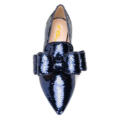 Navy Blue Sequined Slip On Pointed Toe Flats with Bow