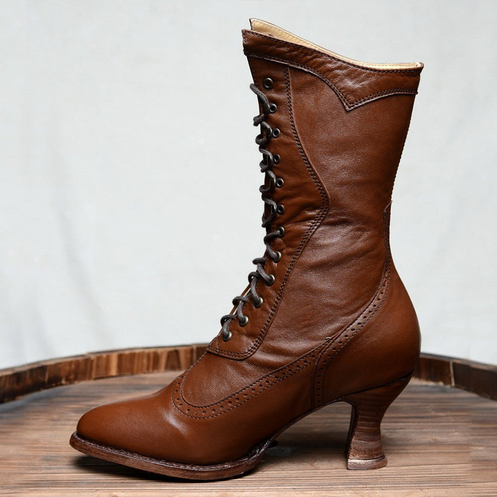 Brown Lace-Up Almond Toe Spool Heel Mid Calf Boots for Women