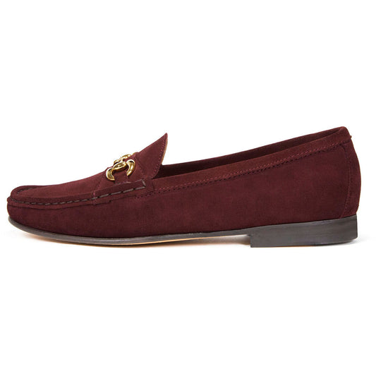 Maroon Faux Suede Round Toe Flat Formal Loafers with Chain
