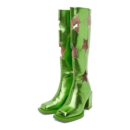 Green Square Toe Hollow Out Star Knee High Boots with Chunky Heels