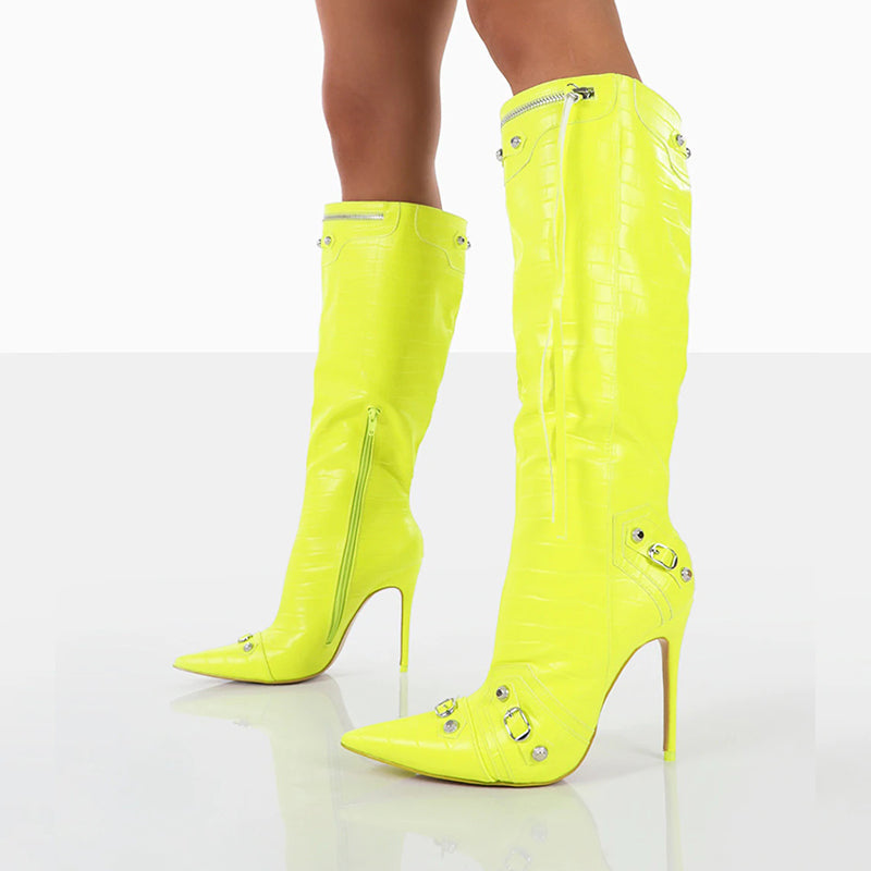 Neon Yellow Pointed-Toe Studded Zip Stiletto Heel Knee High Boots