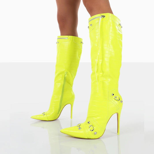 Neon Yellow Pointed-Toe Studded Zip Stiletto Heel Knee High Boots