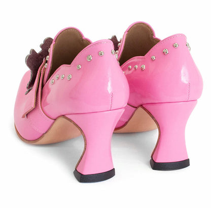 Pink Pointed Toe Hardware Buckle Decor Studded Heeled Loafers