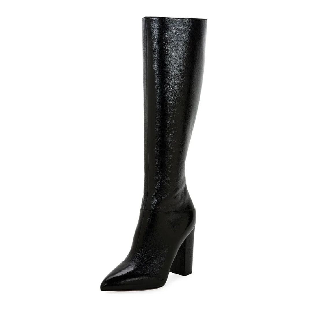 Black Chunky Heel Pointy Toe Knee High Boots