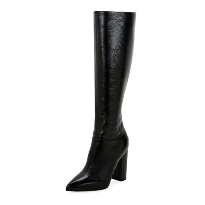 Black Chunky Heel Pointy Toe Knee High Boots